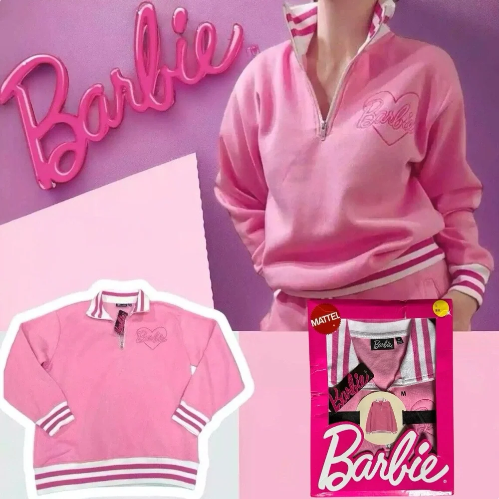 SOLD!! NIB Barbie Pink Quarter Zip Long Sleeve Sweatshirt in Mattel Gift Box - Picture 1 of 16